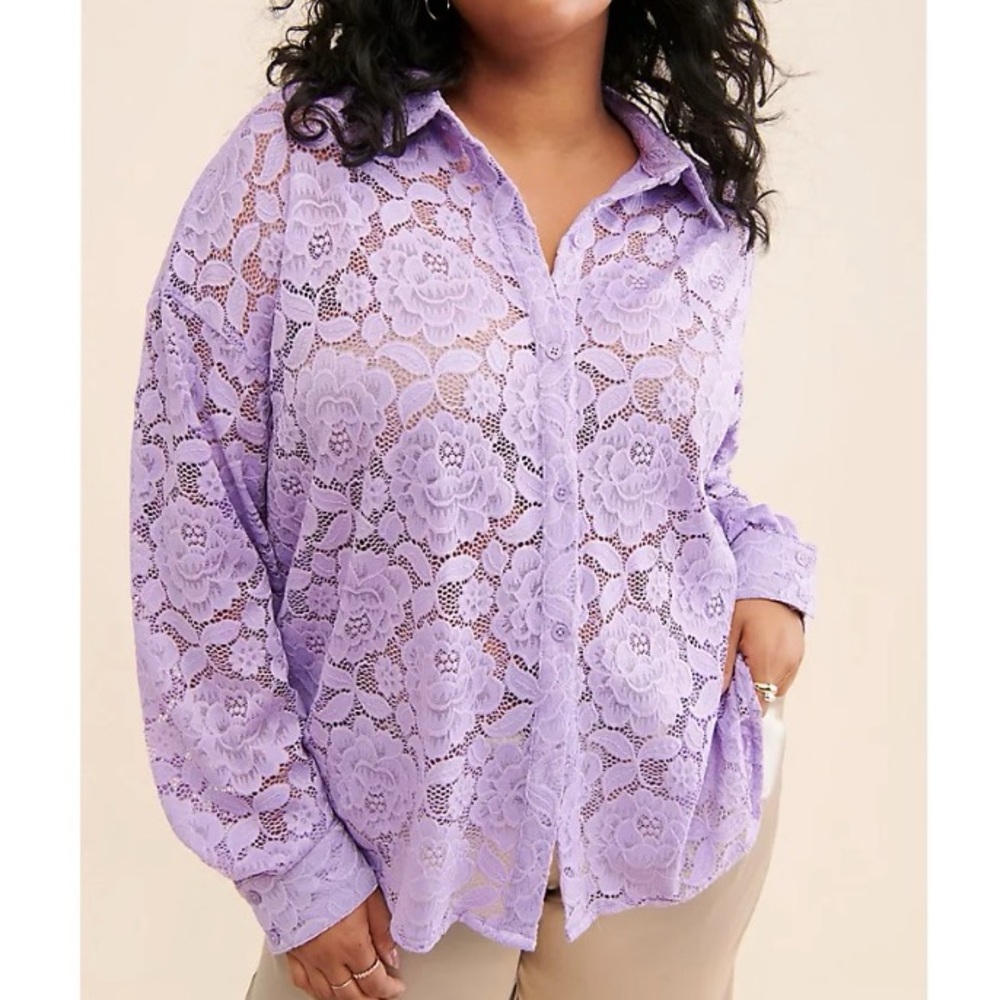 Anthropologie Lilac Floral Lace Button-Down Shirt